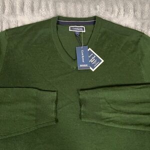 Club Room Men's Large Green Merino Wool Blend V-Neck Sweater Performance